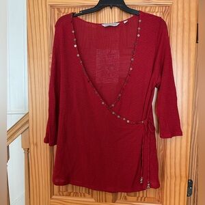 AVENUE RED TIE WRAP TOP WITH BEADS WOMENS SZ  26/28 RED BRONZE BLING SEQUIN KNIT